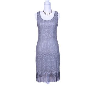 Elegant Retro Style VENUS Sleeveless Silver Patterned Lace, Fringed Mini Dress.